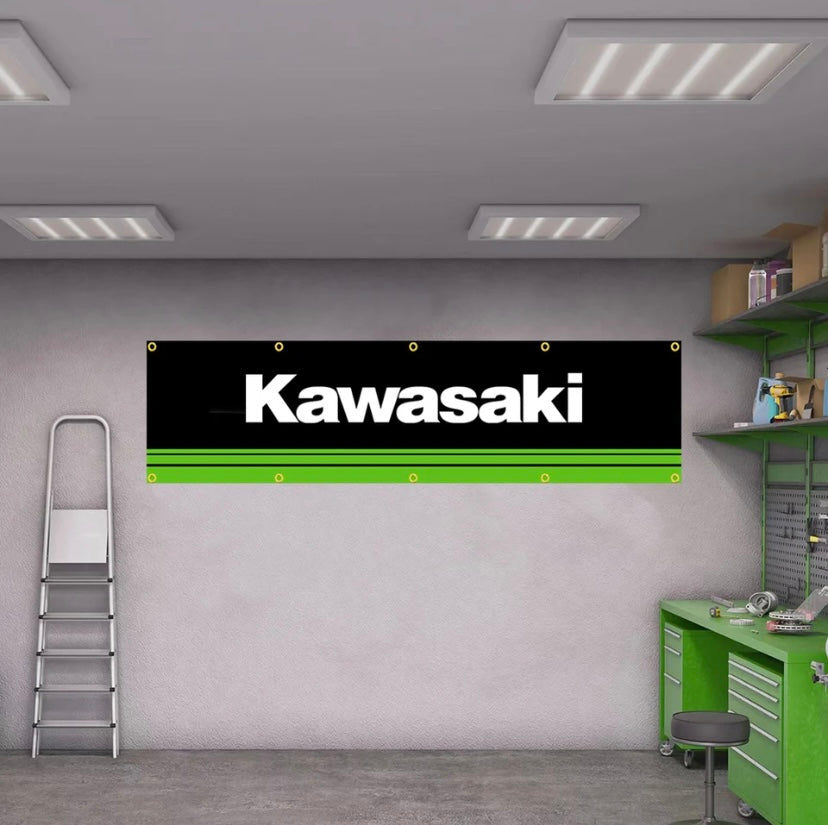 Kawasaki Flagge mit 10 Ösen – Wanddeko für Garage, Wohnzimmer & Hobbyraum